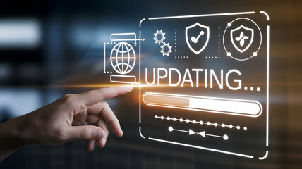 A hand interacting with a holographic interface showing a software update progress bar, gears, and cybersecurity elements, representing advanced technology and innovation.