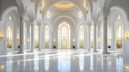 Fototapeta premium Elegant Hall Interior Design Showcases Arched Windows and Marble Floors Perfectly