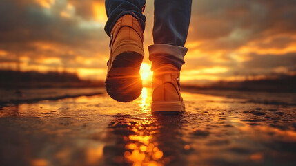 Person Walks on Wet Road at Sunset with Sun Reflections Beautifully