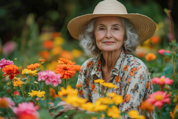 elderly woman in the garden smiling look at camera, grandmother happy lifestyle.