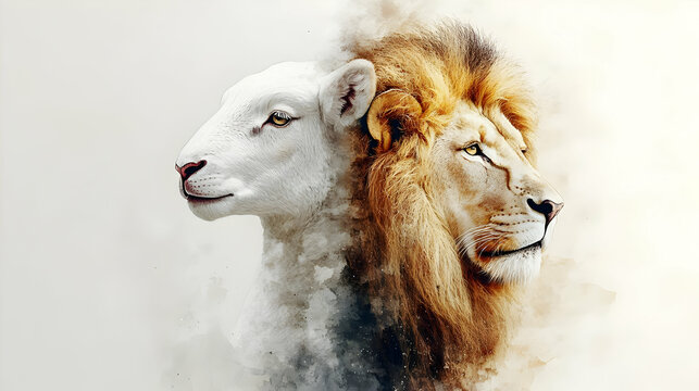 Lion and Lamb Face Off: Harmony, Peace, Wildlife Art