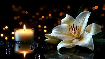White Lily and Candle Create a Serene Ambiance Beautifully with Reflection