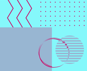 Abstract geometric design with dots, lines and circles in grey-purple and fuschia on a blue background