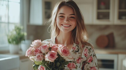 Fototapeta premium Smiling young woman with a bouquet of flowers in the kitchen early in the morning