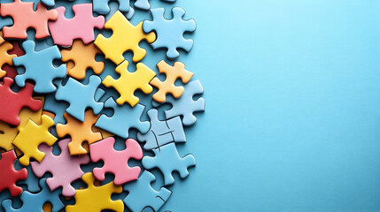 Colorful Puzzle Pieces Scattered on a Blue Background with Copy Space for Text or Design