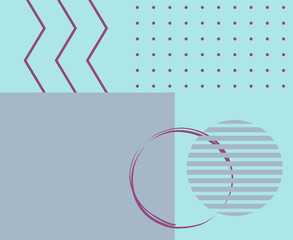 Abstract geometric design with dots, lines and circles in shades of purple and grey on a light blue background