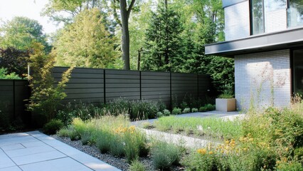 modern grey aluminum fence surrounding a contemporary house with minimalist landscaping in a lush green environment