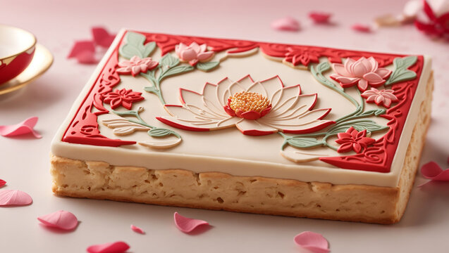 A rectangular baked dessert is displayed with a white icing, ornate red, green, and pink floral decor, and delicate pink petals scattered around. The image appears in the context of an Adobe Stock upl