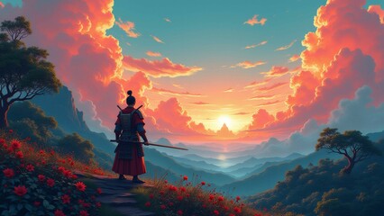 Fototapeta premium Aesthetic Sunset Landscape with Silhouetted Figures