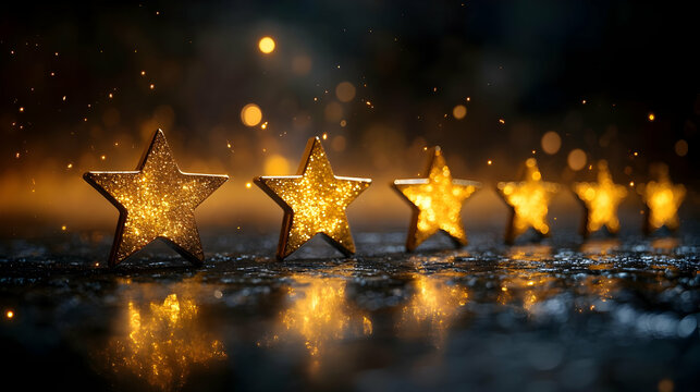 Five Sparkling Golden Stars Shine Brightly on a Dark Reflective Surface with Soft Golden Lights.