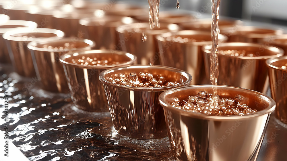 Poster water pouring into copper cups fills them with tiny shiny bubbles, creating a reflective surface.