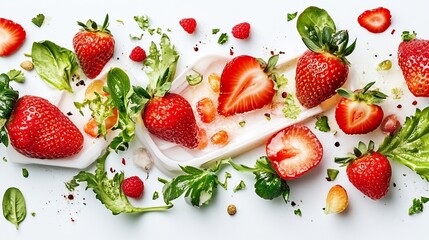 Vibrant Strawberry and Raspberry Photo: Close-Up View of Juicy Berries artfully Arranged on Cream Background. AI Generated