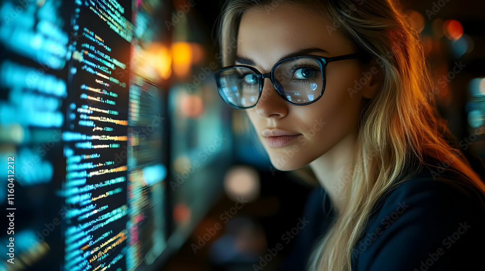Poster woman programmer reviews code on a large monitor in a dark room at night.
