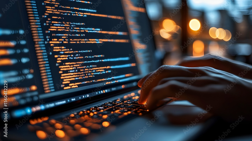 Poster programmer working on code on laptop in dark room with city lights blurred in the background