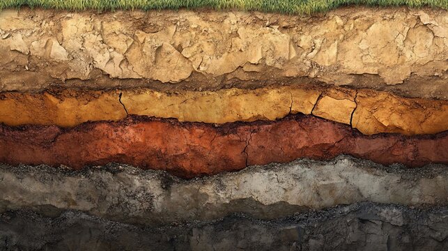 Cross-section of soil layers showing different textures and colors.
