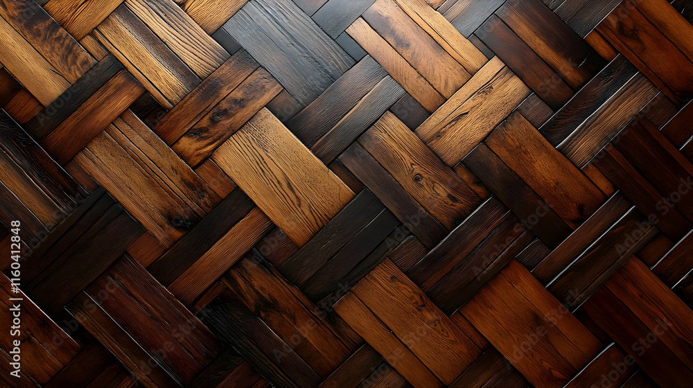 Poster dark brown wooden planks arranged in a herringbone pattern creates a rustic textured background