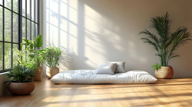 White futon in a minimalist room with plants creates a tranquil, sunlit space ideal for relaxation.