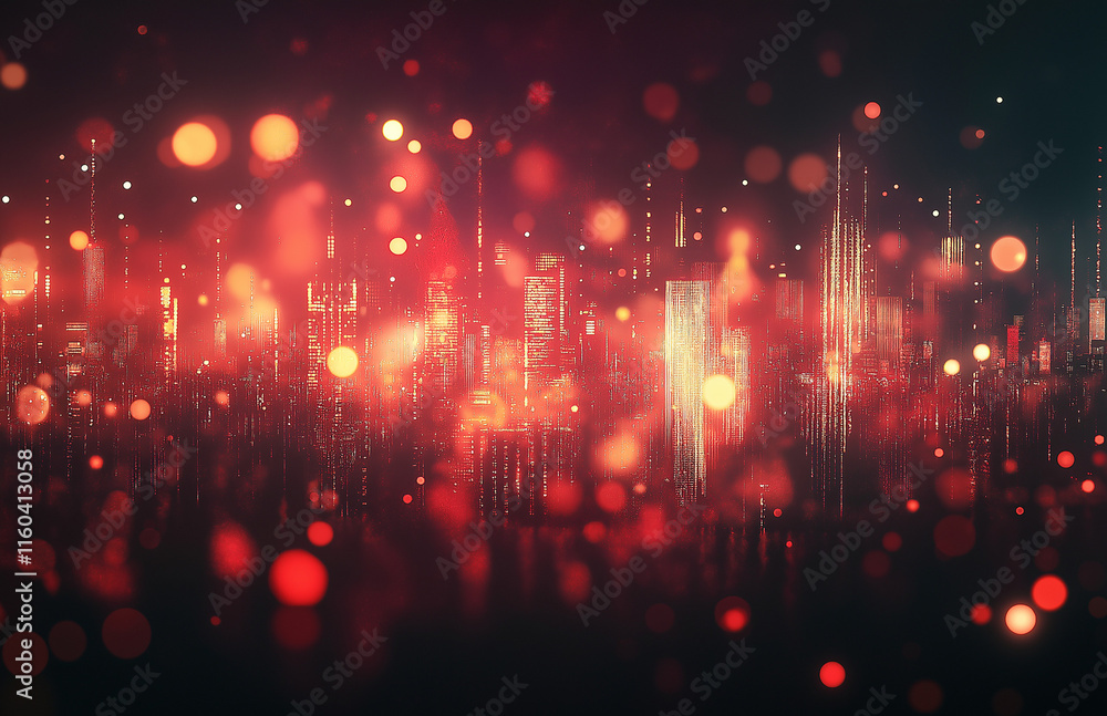 Poster 4-abstract cityscape background featuring bokeh lights and glowing neon effects on a dark red gradie