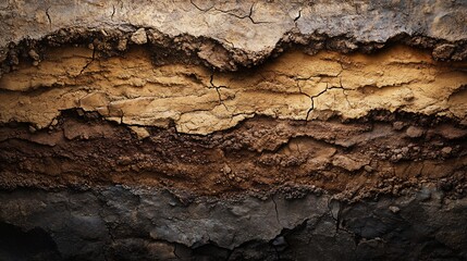 Close-up of layered soil showing different earth textures and colors.