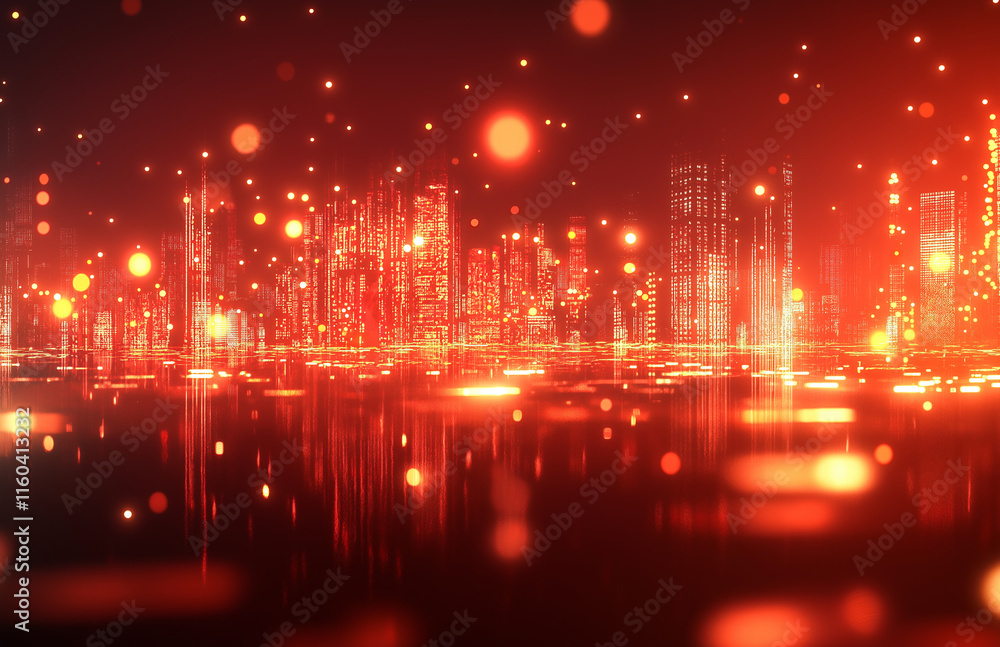 Poster 4-abstract cityscape background featuring bokeh lights and glowing neon effects on a dark red gradie
