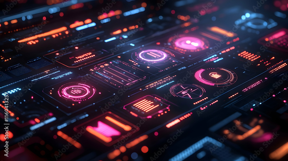 Poster futuristic interface with glowing panels and data displays.