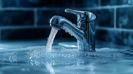Chrome Faucet Pours Water into Overflowing Sink with Bubbles and Reflections, Dramatic Lighting
