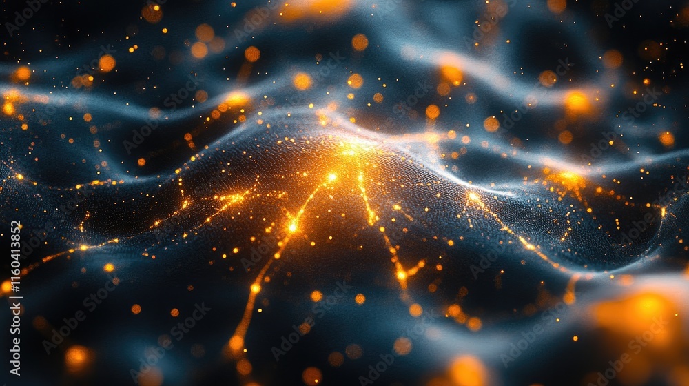 Poster vibrant digital landscape with glowing nodes, showcasing a complex, interconnected neural network.