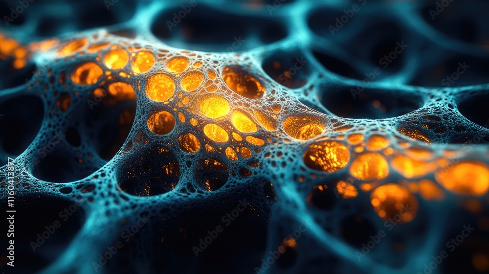 Poster intricate texture resembling a futuristic micro-structure, glowing with a fascinating, vivid light.