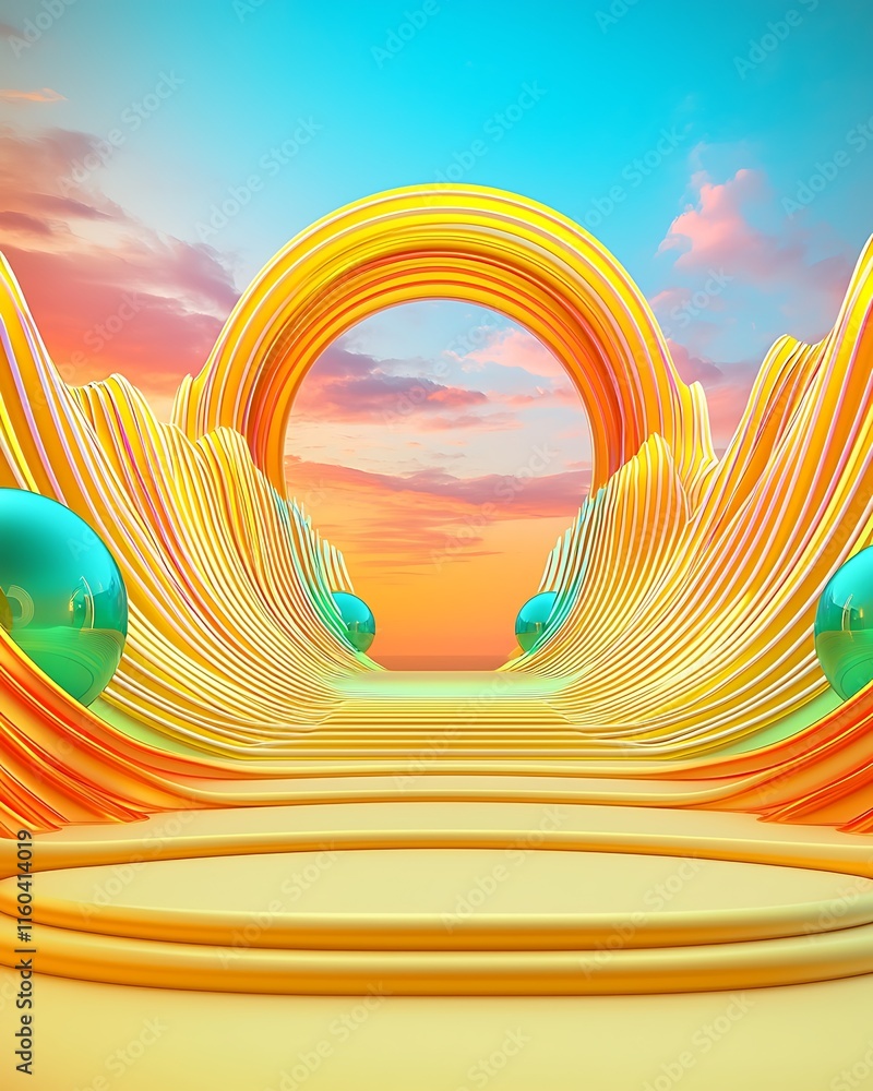 Poster vibrant abstract landscape featuring curved forms and colorful arches in a sunset background for dig