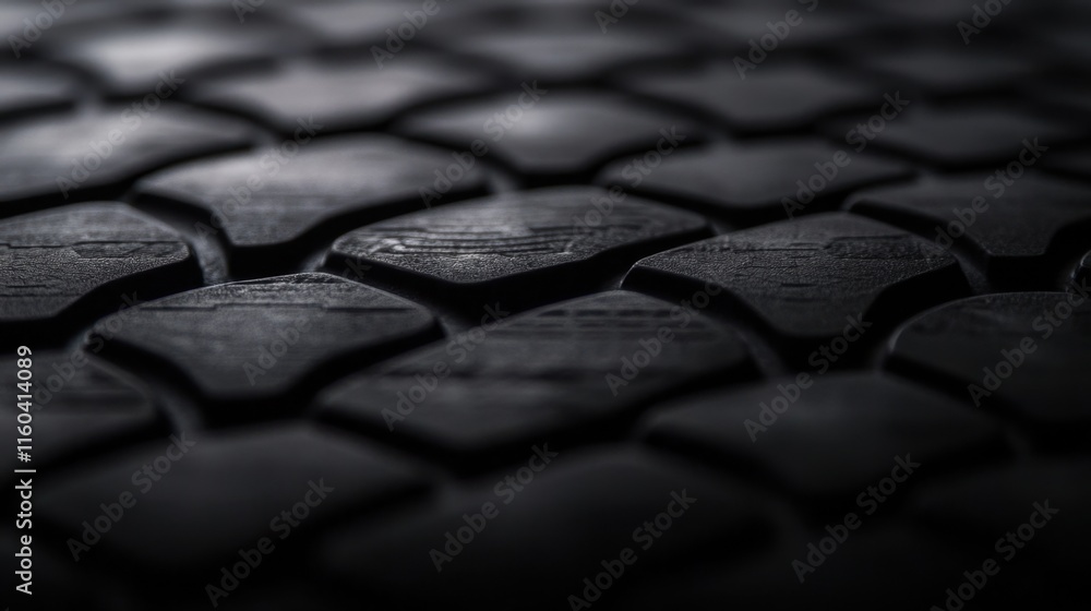 Poster a close-up view of textured, dark surface resembling interlocking tiles, showcasing shadows and patt