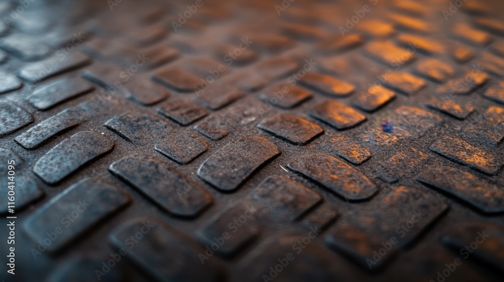 Poster a close-up view of a textured metal surface, featuring a pattern of raised rectangles, showcasing an