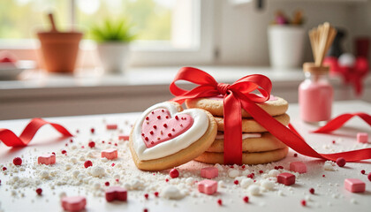 Heart-shaped sugar cookies with red ribbon on kitchen island, Valentine's Day