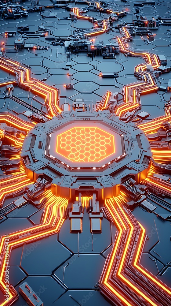 Poster futuristic cyber power dashboard with double exposure design featuring neon orange and cool metallic