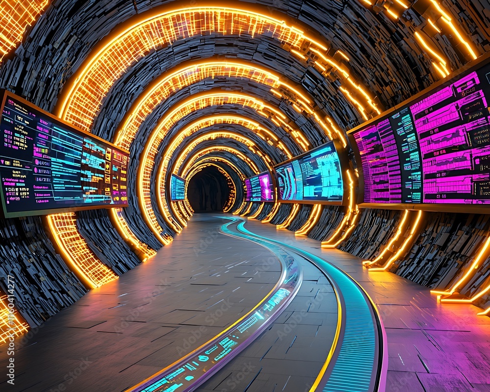 Aufkleber futuristic cyber power dashboard with neon lights and high-tech displays in a double exposure design
