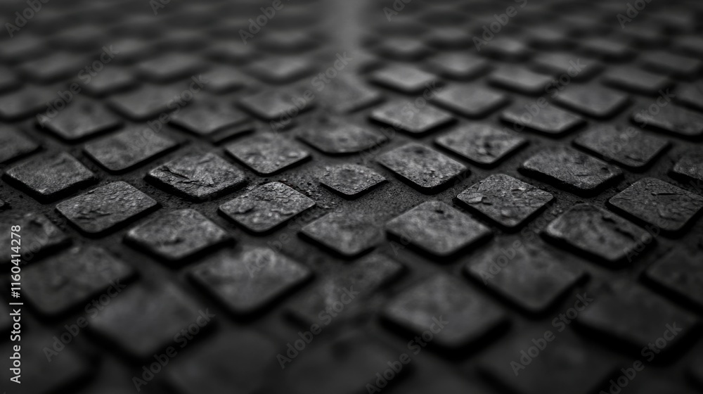 Poster a close-up view of textured black tiles arranged in a geometric pattern, showcasing a sleek and indu