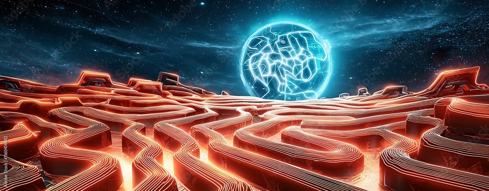 Poster futuristic cybernetic landscape with neon lights and digital patterns representing power and connect