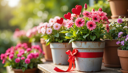 Fototapeta premium Vibrant potted flowers adorned with hearts, Valentine's Day display