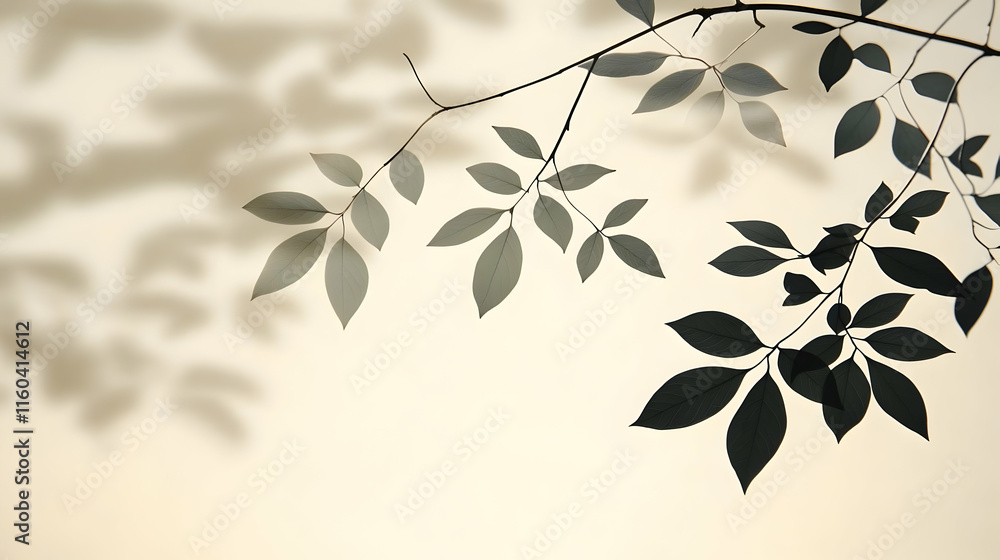 Poster delicate tree branch with leaves casts artistic shadows on a soft background