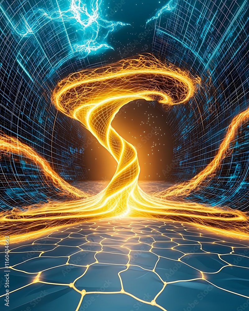 Poster dynamic energy flow visualization with illuminated spirals in a futuristic environment, showcasing t