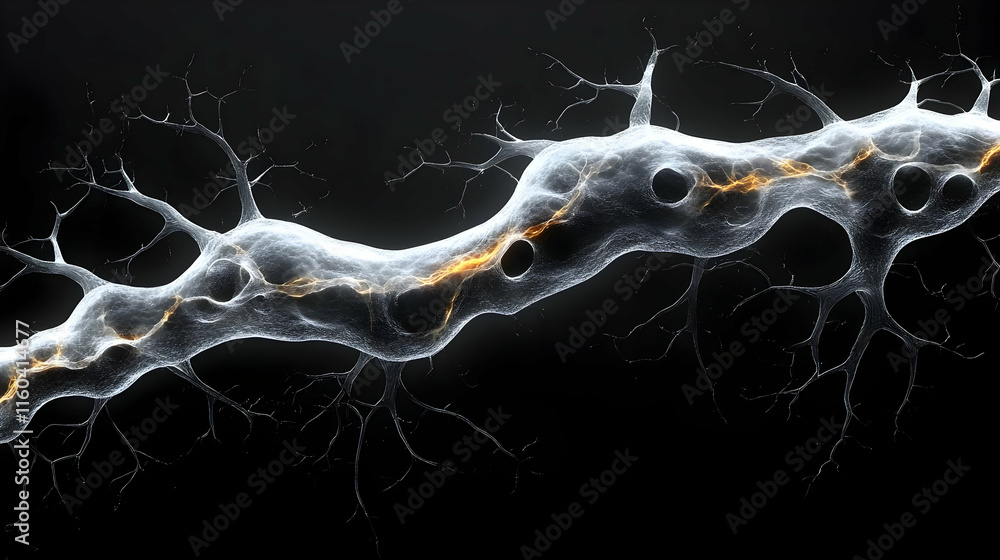 Poster glowing nerve cell transmits signals efficiently across a dark background