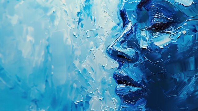 Abstract textured blue face in profile with impasto technique. - Powered by Adobe
