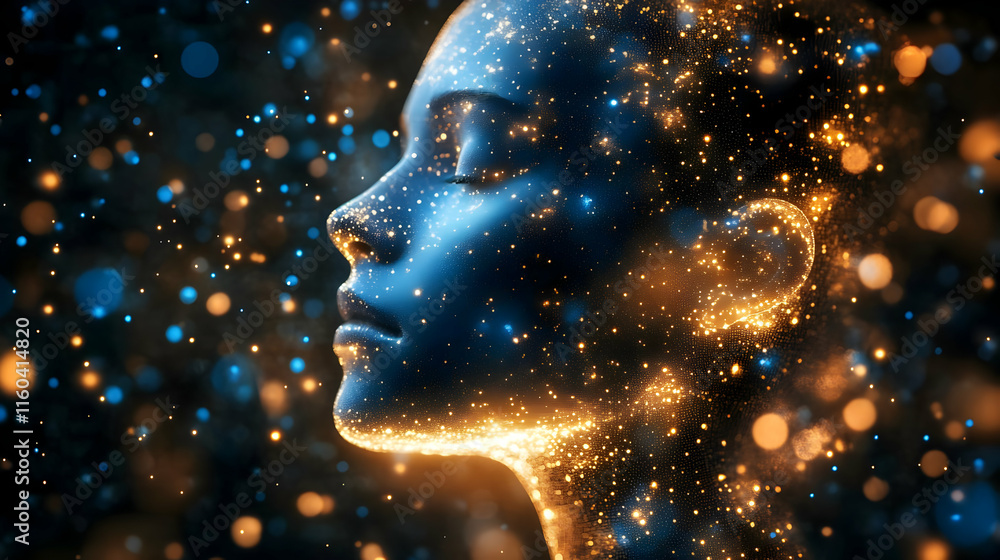 Poster abstract 3d head with glowing particles emits light in a dark background with bokeh effect