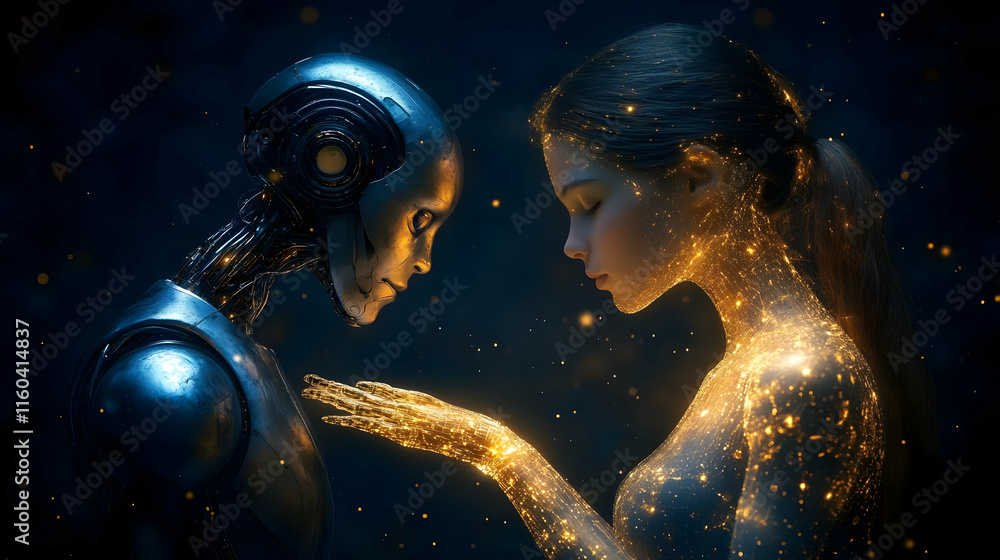 Poster robot and glowing woman connect in a futuristic encounter with golden particles gently illuminating 