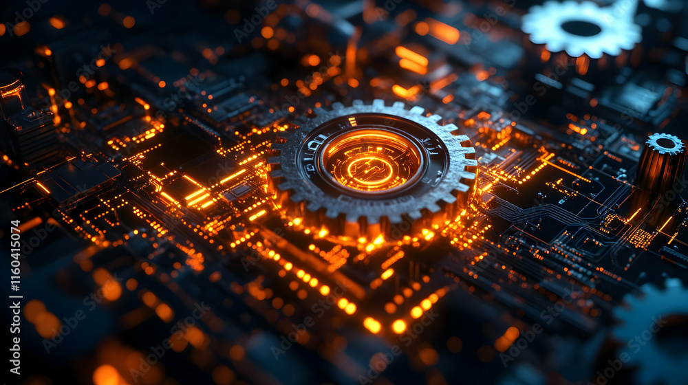 Poster a close-up view of a futuristic circuit board with glowing elements and a gear.