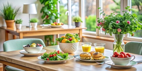 A healthy and vibrant breakfast scene featuring fresh produce, baked goods, and colorful flowers on a light wood table in a sunlit room