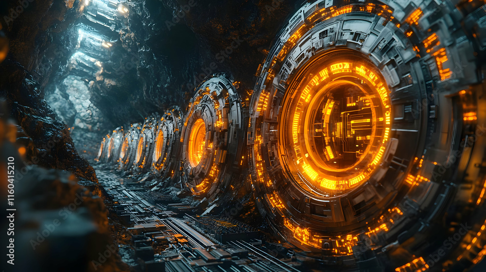Poster a futuristic tunnel with glowing circular structures, suggesting advanced technology.