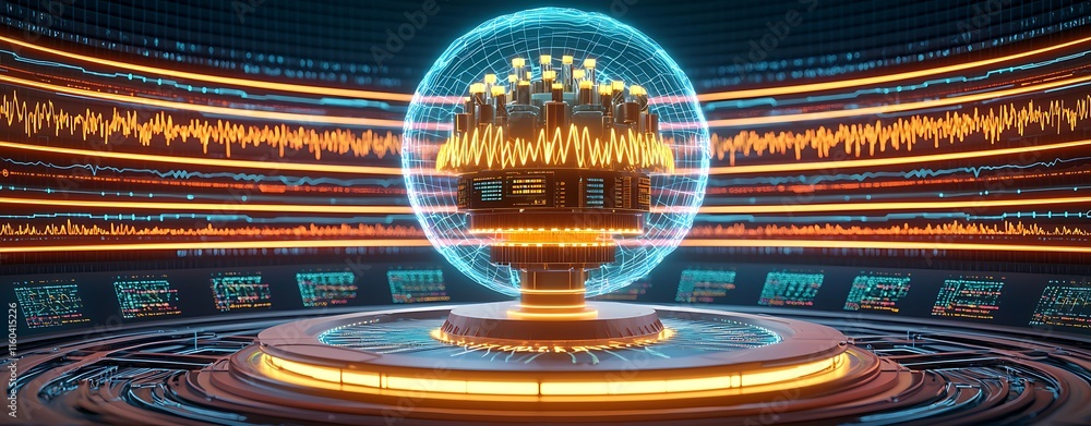Poster dynamic visualization of energy monitoring with radiant layers and double exposure effects in a futu