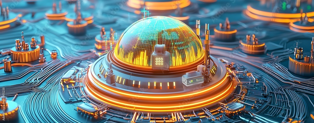 Poster futuristic energy monitoring system with radiant dome and layered circuitry design for advanced tech