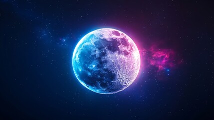 Fototapeta premium Neon-Glowing Moon Mysteriously Illuminates Cosmic Nebula: Digital Art. AI Generated