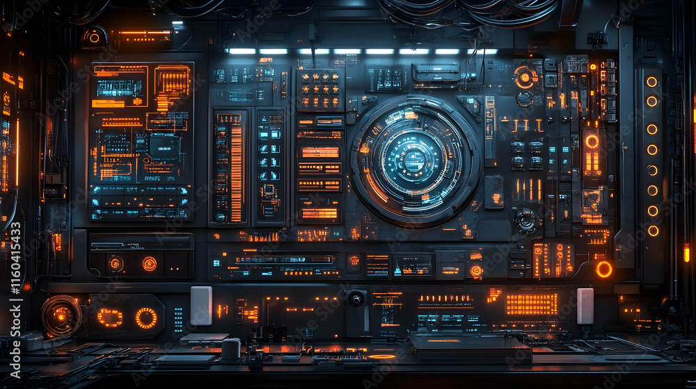 Poster a high-tech control panel featuring glowing elements and intricate circuitry.